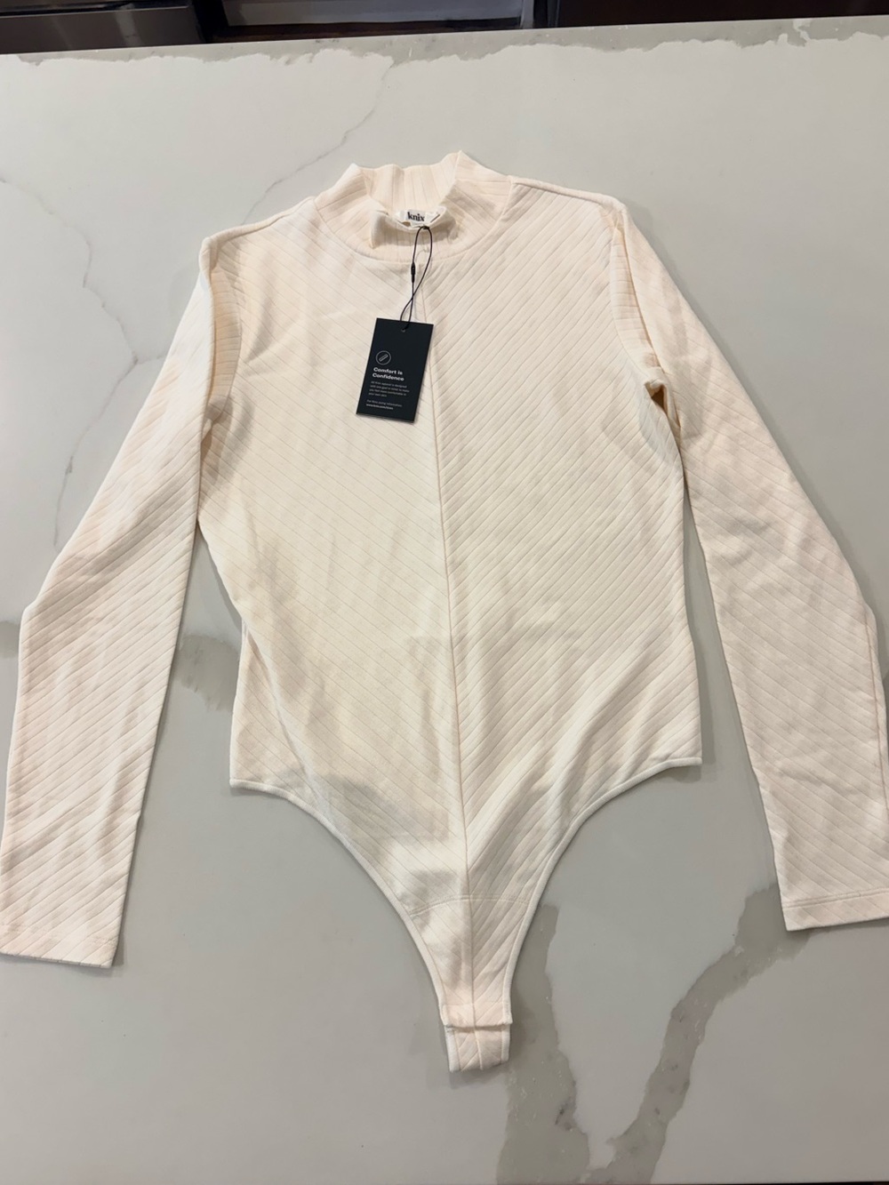 Knix Cream Ribbed Long-Sleeve One-Piece Bodysuit NWT Sz Large
